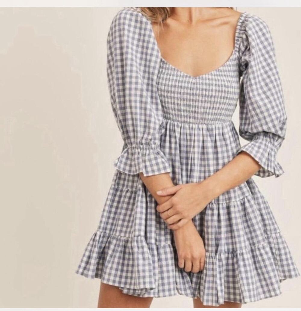 Twenty Ten Gingham Ruffle Mini Dress Large Blue White Smocked Puff Sleeve NWT